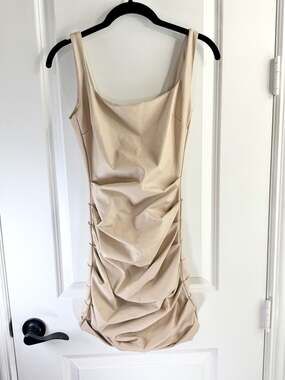 Naked Wardrobe Faux Leather Ruched Mini Dress in Beige